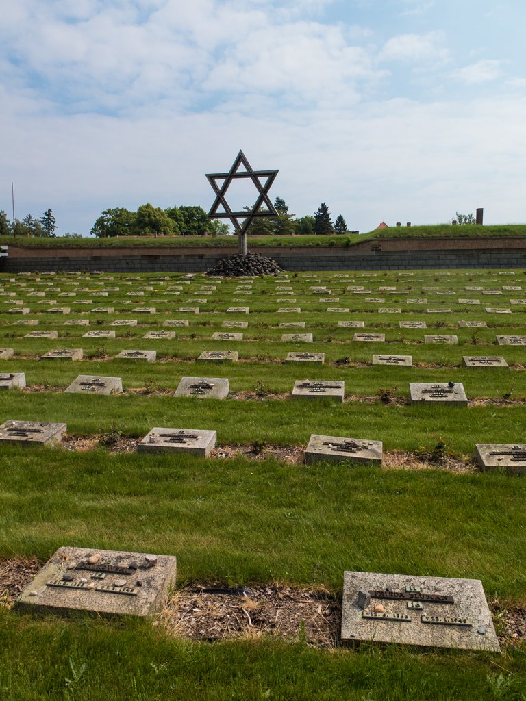 Des centaines de pierres tombales dans le cimetière, dominées par une grande étoile de David en métal sous un ciel dégagé.